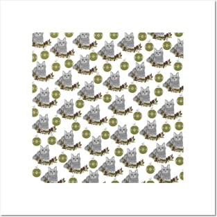 Grey Cat Pattern with Green Ornaments in White Background Posters and Art